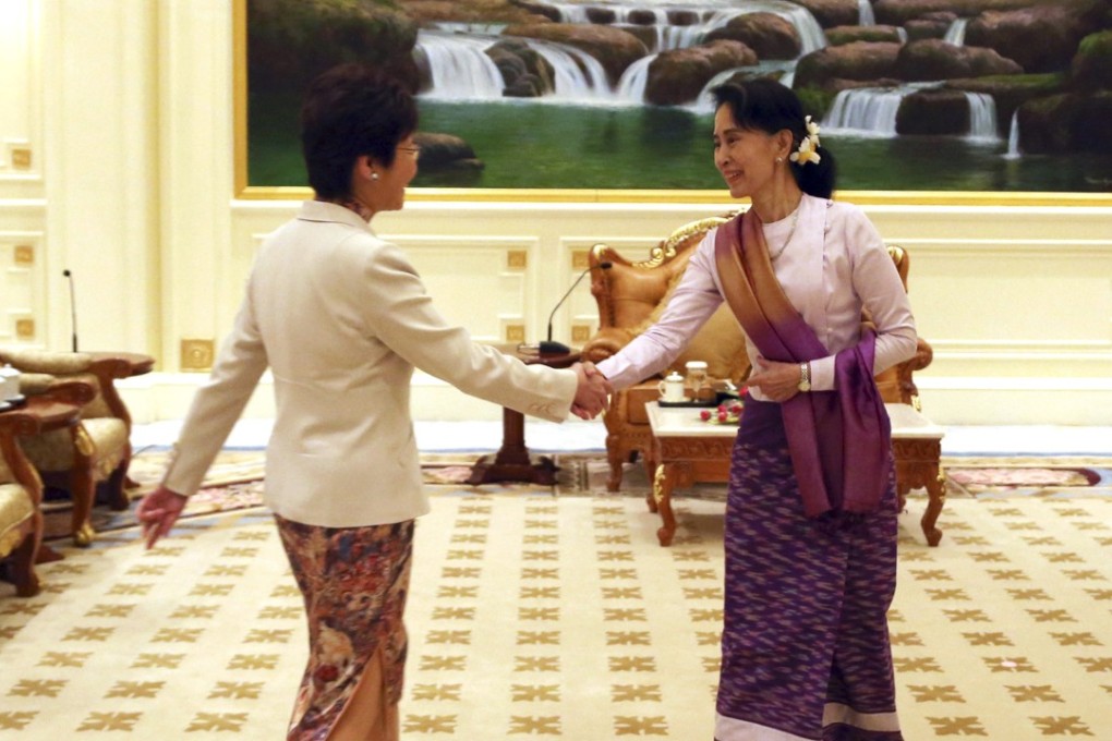 Myanmar’s State Counsellor Aung San Suu Kyi (right) greets visiting Hong Kong Chief Executive Carrie Lam at the Presidential Palace in Naypyidaw on September 15. Photo: AP