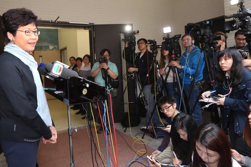 Carrie Lam (pictured at a press meeting at St Francis’ Canossian College in Wan Chai) has said that longer press conferences will be held to take more questions from journalists. Photo: Edward Wong