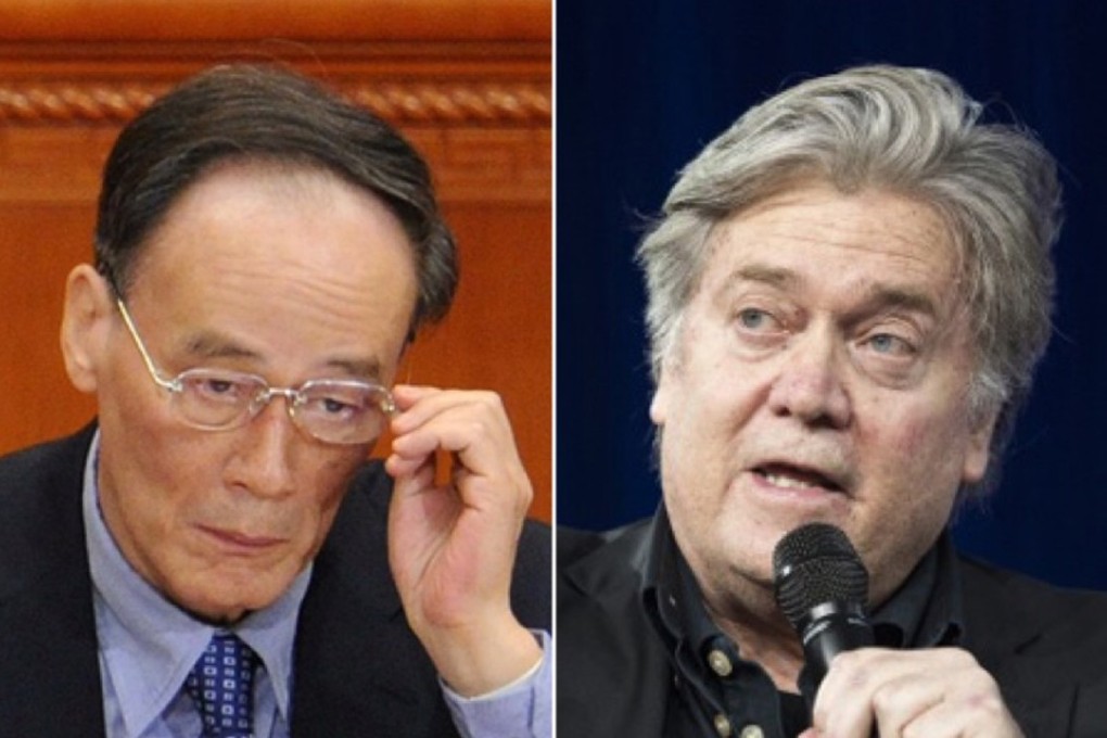 Wang Qishan (left) and Steve Bannon are said to have met for 90 minutes at the Communist Party’s headquarters in Beijing last week. Photo: AFP
