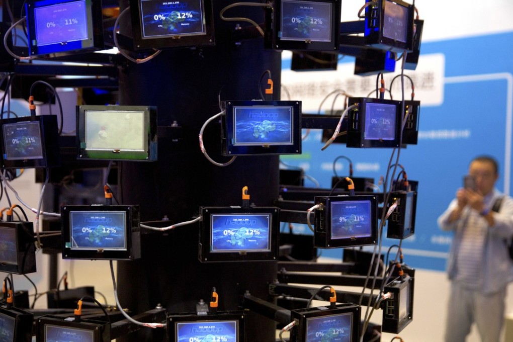 An attendee looks at a digital representation of network connectivity at a vendor's display at the China internet Security Conference in Beijing earlier this month. Photo: AP