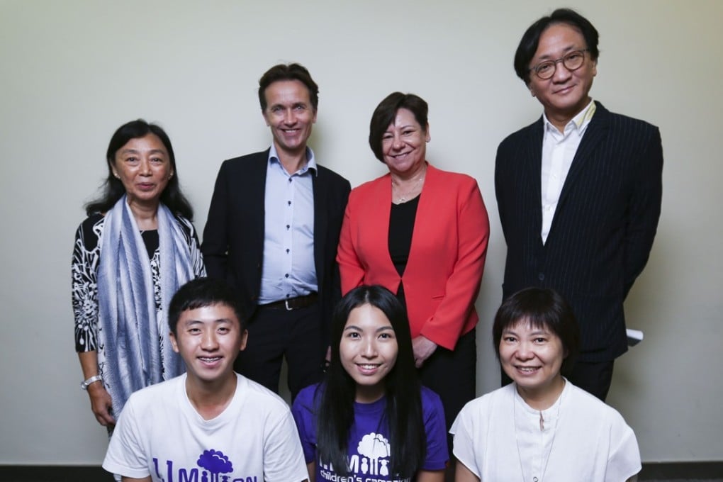 (front row left to right): Jason Lau Wai-kit; Kathy Man Wing-kei; and Billy Wong Wai-yuk, executive secretary of the Hong Kong Committee on Children's Rights; (back row left to right): Priscilla Lui Tsang Sun-kai, chair of Hong Kong Committee on Children's Rights' Reidar Hjermann, clinical psychologist, independent expert on Children's Rights; Megan Mitchell, National Children's Commissioner, Australian Human Rights Commission; and Dennis Ho, chairman of Law Society's Family Law Committee. Photo: Xiaomei Chen