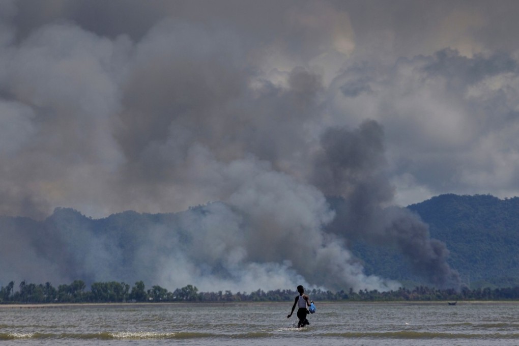 Smoke rising from Myanmar’s Rakhine state on September 14, 2017. Photo: AP