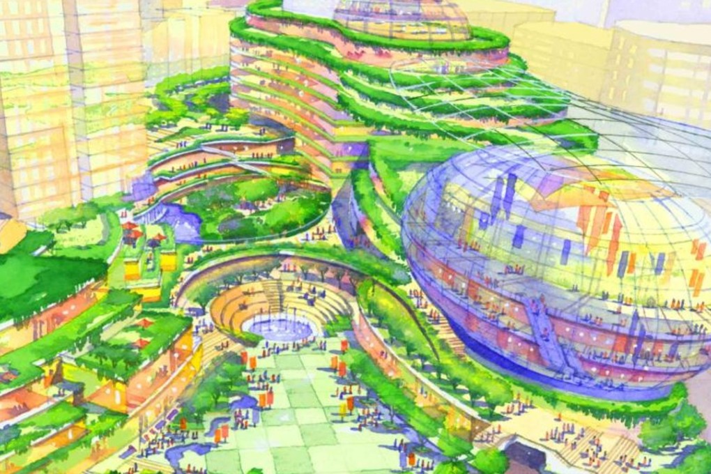 The oval-shaped government and commercial building at the junction of Kwun Tong and Hong Ning roads was expected to become the icon of the redeveloped Kwun Tong. Illustration: Urban Renewal Authority.