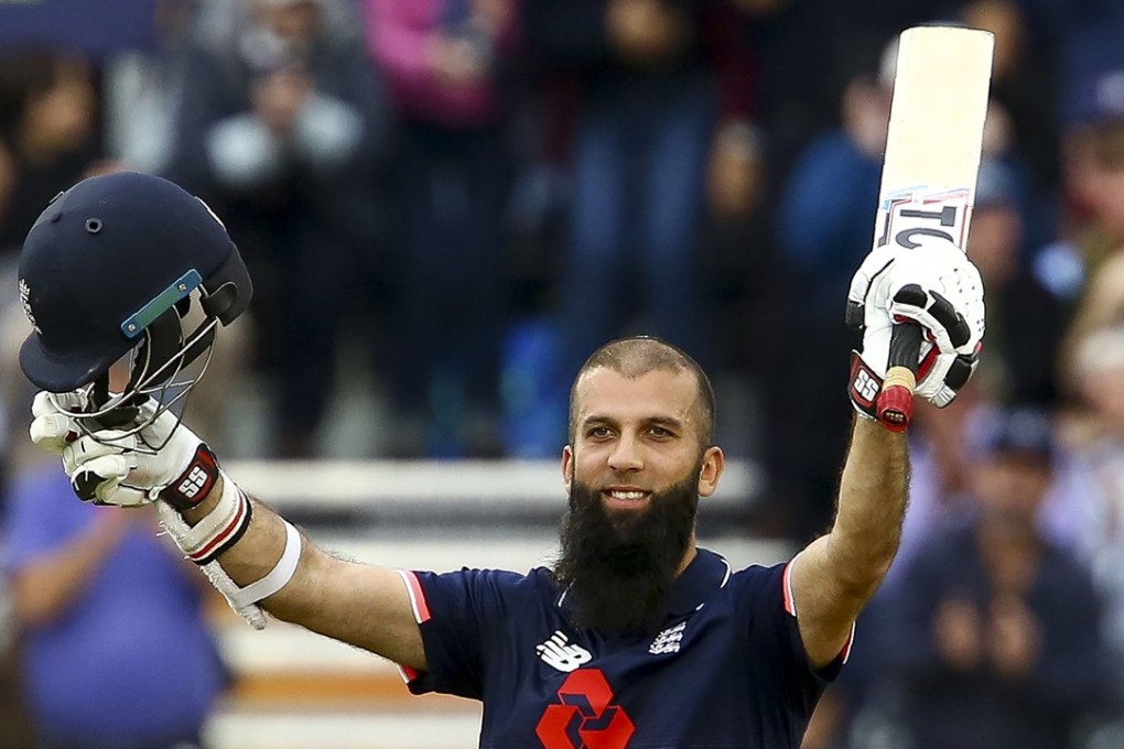 England’s hundred hero Moeen Ali gestures after reaching his century off 53 balls. Photo: AFP