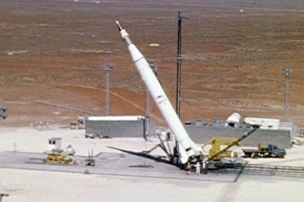 The rocket carrying Australia's first satellite, the WRESAT, is raised into position at the Woomera missile-testing base ahead of its launch on November 29, 1967. Photo: Australian Department of Defence