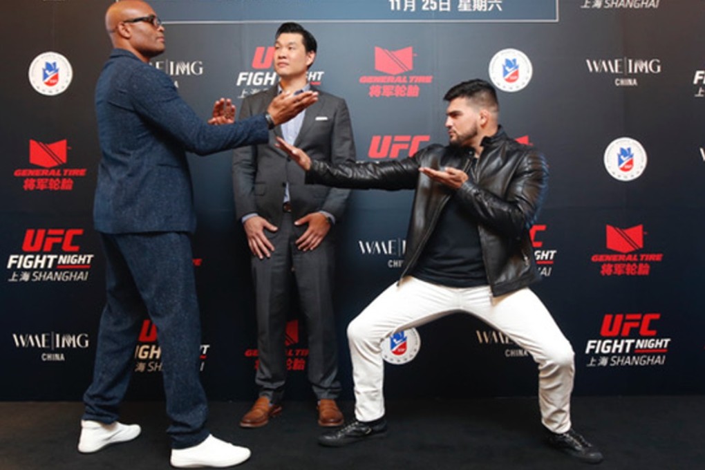 Anderson Silva and Kevin Gastelum ham it up for the cameras as they promote their fight at UFC Fight Night Shanghai. Photo: Getty / Zuffa LLC, UFC Fight Night Shanghai: