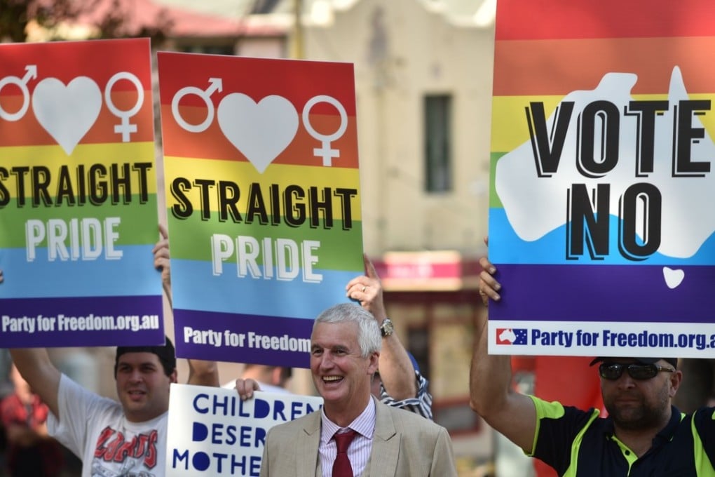 Anti-same-sex marriage protesters rally in Sydney over the weekend. The demonstration came as new opinion polls showed a rise in the number of people who oppose marriage equality in Australia. Photo: AFP