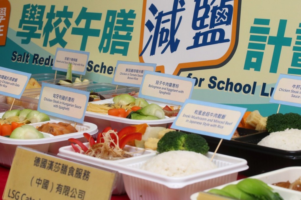 Reduced-sodium student lunchboxes from suppliers are displayed at a press conference for the Department of Health’s “salt reduction scheme”, at the Centre for Health Protection in Mong Kok on September 14. Photo: K.Y. Cheng