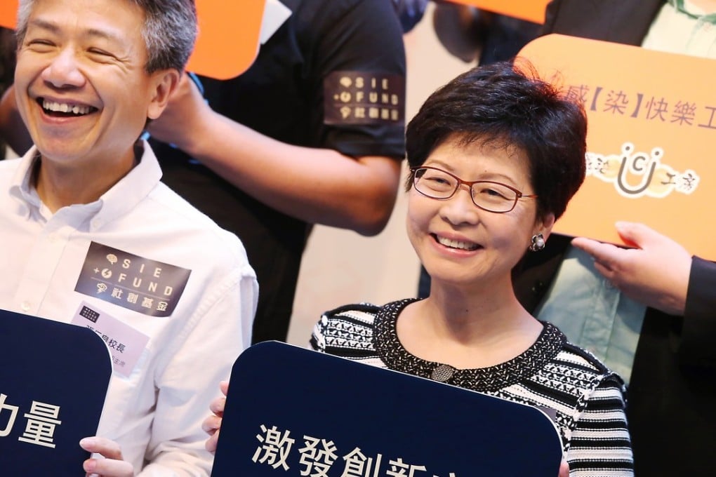 Chief Executive Carrie Lam Cheng Yuet-ngor, then Hong Kong chief secretary and Commission on Poverty chair, and Social Innovation and Entrepreneurship Fund Task Force chairman Stephen Cheung Yan-leung unveil the first batch of 25 innovative ventures for 25,000 beneficiaries, in Causeway Bay in May last year. The ventures were to test new approaches to alleviate poverty and prevent social exclusion. Photo: K.Y. Cheng