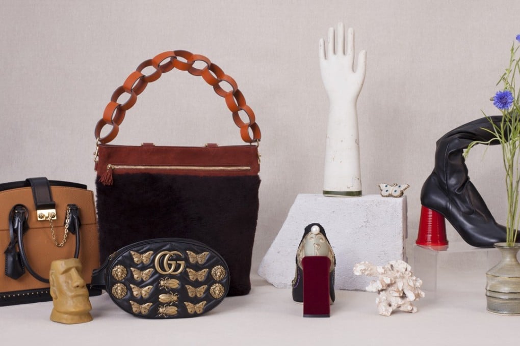 From left: Cour Marly bag in camel (HK$32,000/US$4,096) by Louis Vuitton. Orsett paperchain shearling top-handle bag (HK$13,650) by Anya Hindmarch. GG Marmont leather belt bag (HK$15,800) by Gucci. Shoe with red chunky heel by Dolce & Gabbana (inquiries: 2799 8112). Moth multi-finger ring (HK$4,950) by Gucci. Eco-leather high boot (HK$5,995) by Maison Martin Margiela.