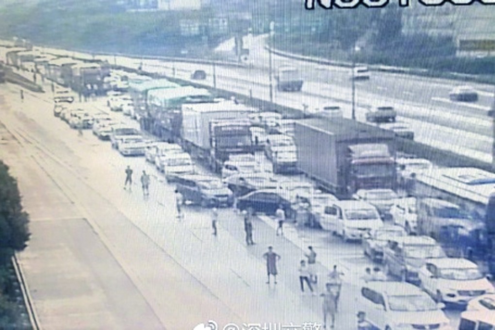 CCTV image released by Shenzhen police showing traffic congestion on the Guangzhou-Shenzhen Expressway in China on Sunday. Photo: Weibo