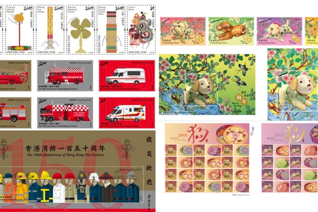 Hongkong Post stamps for 2018, including the Festive Customs series (top left), the 150th Anniversary of Hong Kong Fire Services series (middle and bottom left), and the Year of the Dog series (right). Photo: Handout