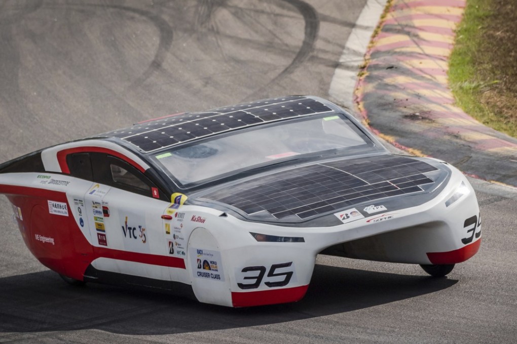 The IVE Solar Car Team car from Hong Kong competes in the qualification lap for the 2017 World Solar Challenge. Photo: AP