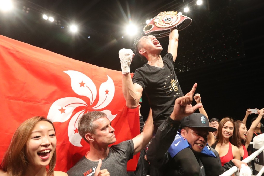 Rex Tso yells out after scoring a dramatic victory against “Tough Boy” Kohei Kono in Saturday’s super flyweight contest. Photos: Edward Wong