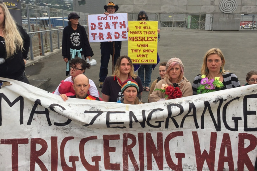 Anti arms protesters at Westpac Stadium. Photo: Ruby Spink