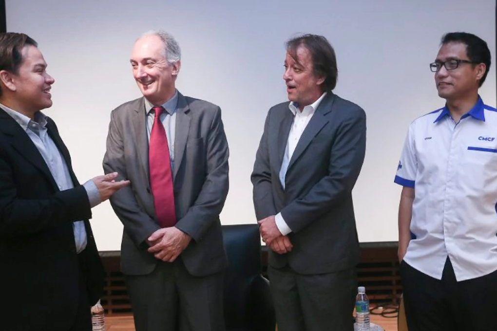 Communications and Multimedia Content Forum of Malaysia (CMCF), Chairman, Ahmad Izham Omar (right), President Local Film Producers Association, Datuk Norman Abdul Halim (left), Mike Weatherly (second left), Founding Director CCP, Frank Rittman sharing a light a moment during the Content Privacy Workshop at Menara The Star. Photo: New Straits Times/Sairien Nafis