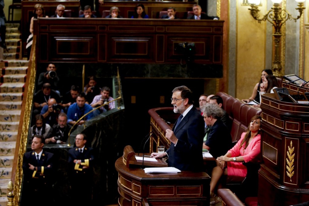 Prime Minister Mariano Rajoy speaks at the Spanish parliament in Madrid, Spain where he rejected offers of mediation in the Catalonia crisis. Photo: AP