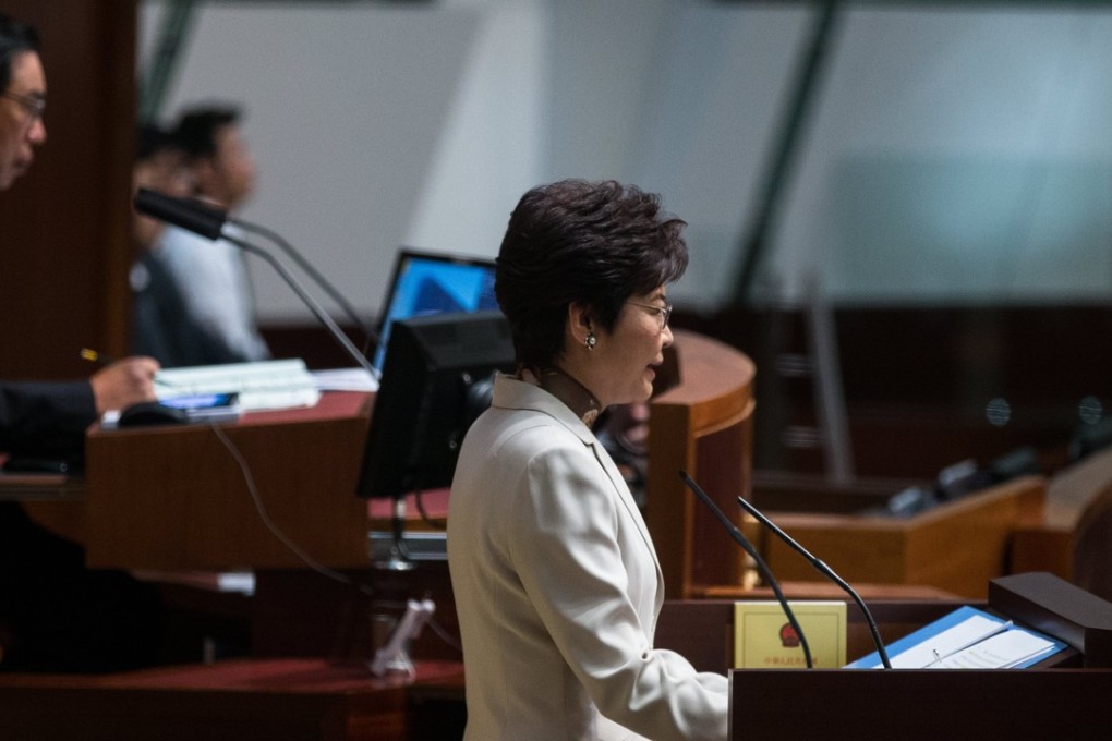 Carrie Lam presented her policy blueprint to lawmakers at Hong Kong’s Legislative Council. Photo: EPA