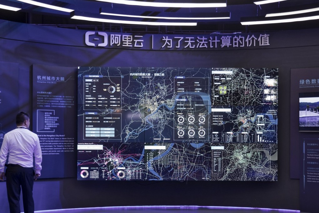 A display booth for Alibaba’s cloud computing unit at a company event in Shenzhen last year. The head of the unit says it is on track to overtake market leader Amazon. Photo: Bloomberg