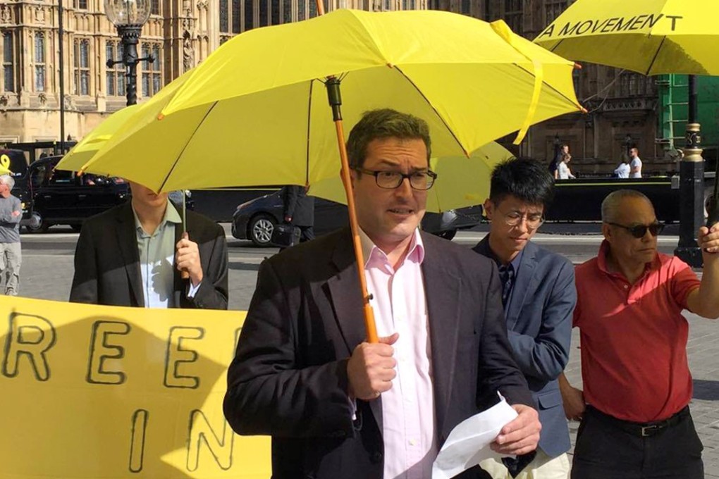 Benedict Rogers, rallying for Hong Kong democracy, outside the British parliament in London last month. Photo: Benedict Rogers/Twitter