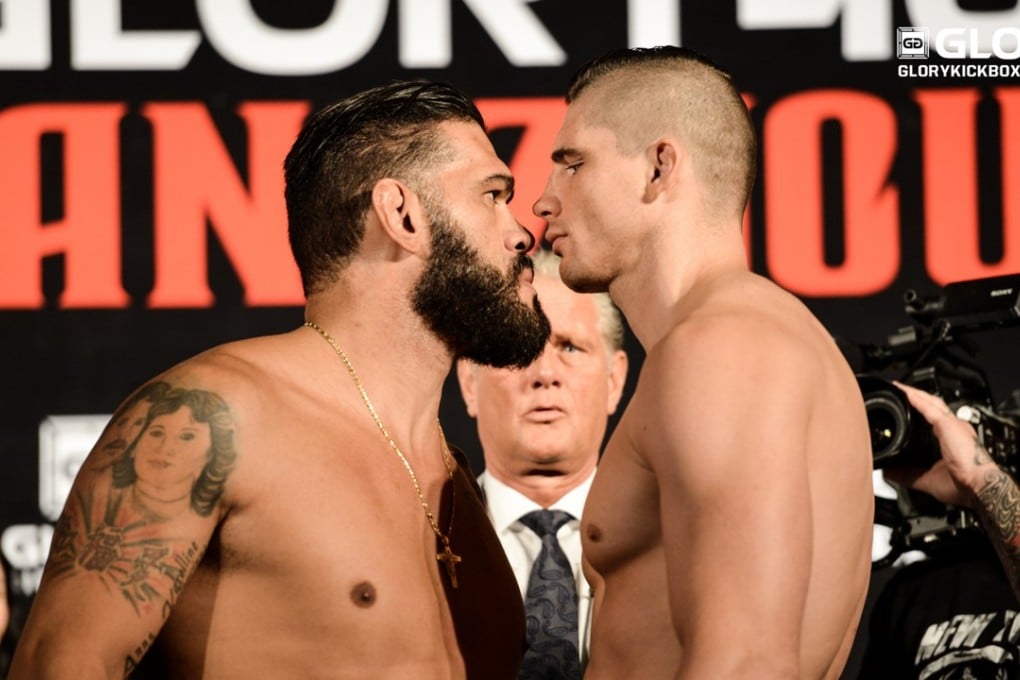 Antonio “Bigfoot” Silva (left) and Rico Verhoeven go head-to-head at the GLORY 46 Superfight Series weigh-ins in Guangzhou, China.