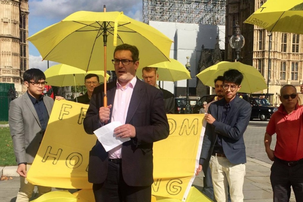 Benedict Rogers, rallying for Hong Kong democracy, outside the British parliament in London last month. Photo: Benedict Rogers/Twitter