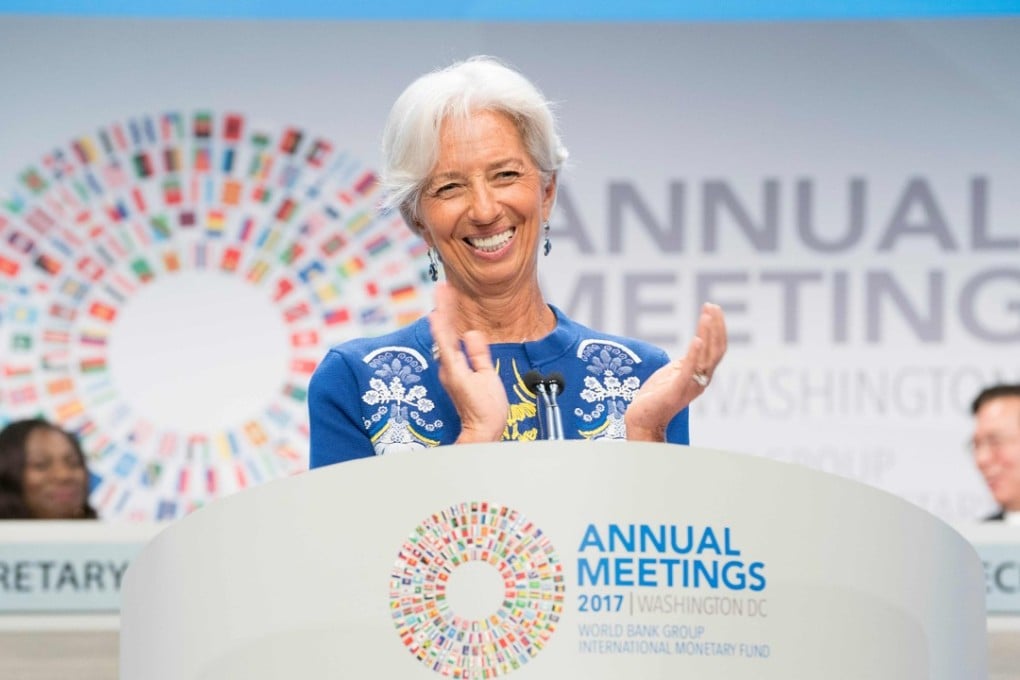 International Monetary Fund (IMF) Managing Director Christine Lagarde speaking at the plenary session on Friday, October 13, 2017. IMF and Spanish officials warned of a hit to the country’s economy due to crisis over Catalan’s independence. Photo: AFP