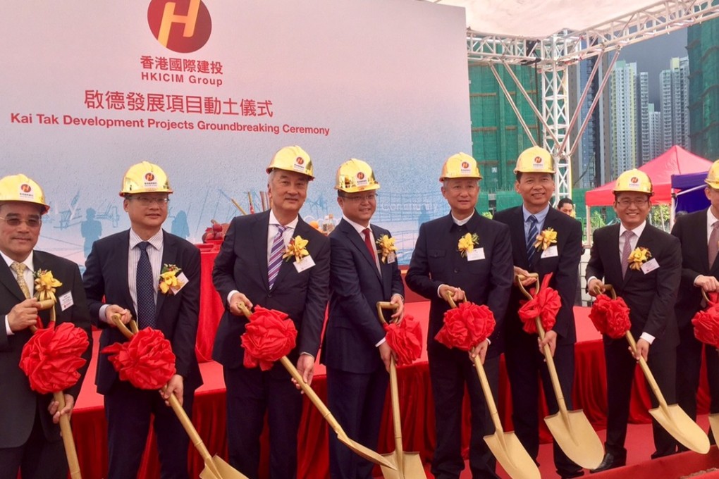 HNA executives take part in the groundbreaking ceremony for the group’s Kai Tak development on Monday. Photo: SCMP/Summer Zhen
