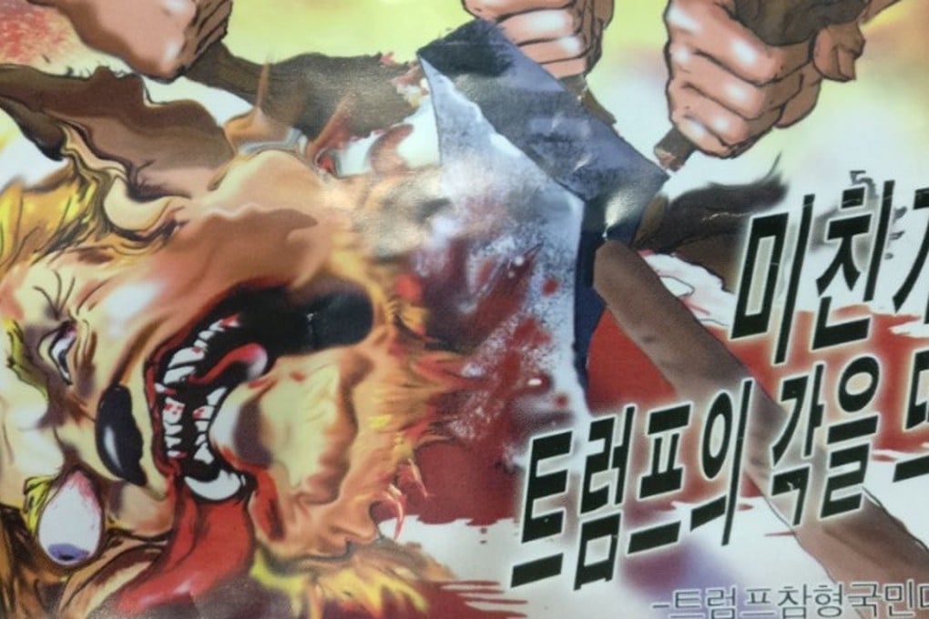 An anti-Trump leaflet that dropped in South Korea, believed to have come from North Korea by balloon. It reads: “For the peaceful world without war and for the future of mankind … Butcher a mad dog Trump!” Photo: Reuters