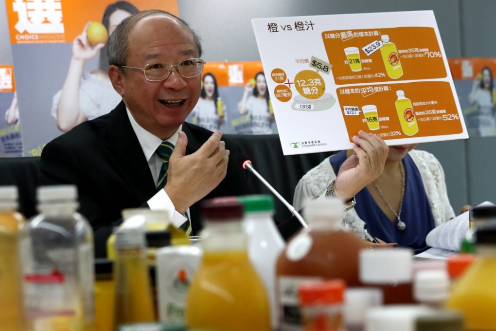 The Consumer Council releases results of its test on 40 juices found in Hong Kong shops. Photo: Nora Tam