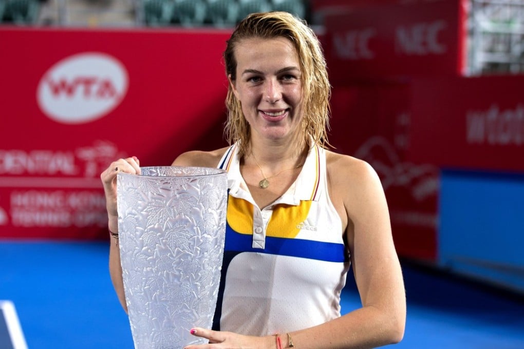 Russia’s Anastasia Pavlyuchenkova poses with her trophy after defeating Daria Gavrilova of Australia in the Prudential Hong Kong Tennis Open at Victoria Park. Photo: EPA