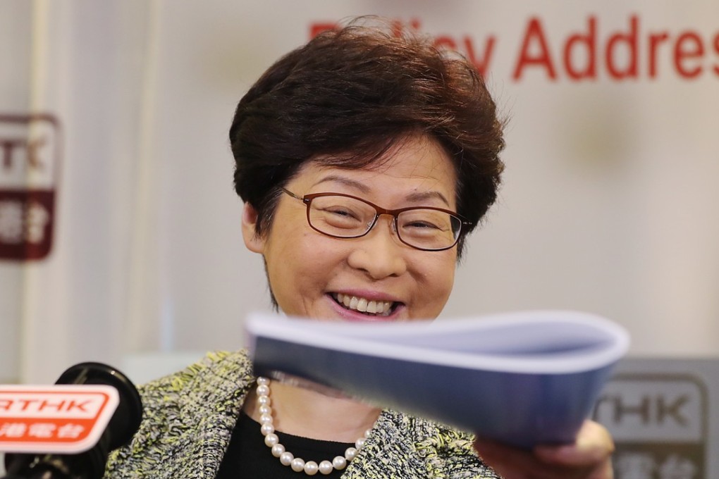 Chief Executive Carrie Lam Cheng Yuet-ngor attends a phone-in programme about her inaugural Policy Address at RTHK in Kowloon Tong. Photo: Edward Wong