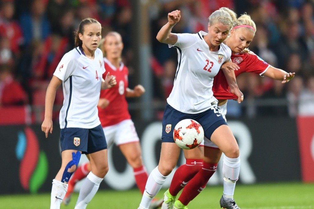 Norway's Ingrid Marie Spord (left) vies with Denmark's Line Jensen (right) during the UEFA Women's Euro 2017 match between Norway and Denmark on July 24. Photo: AFP