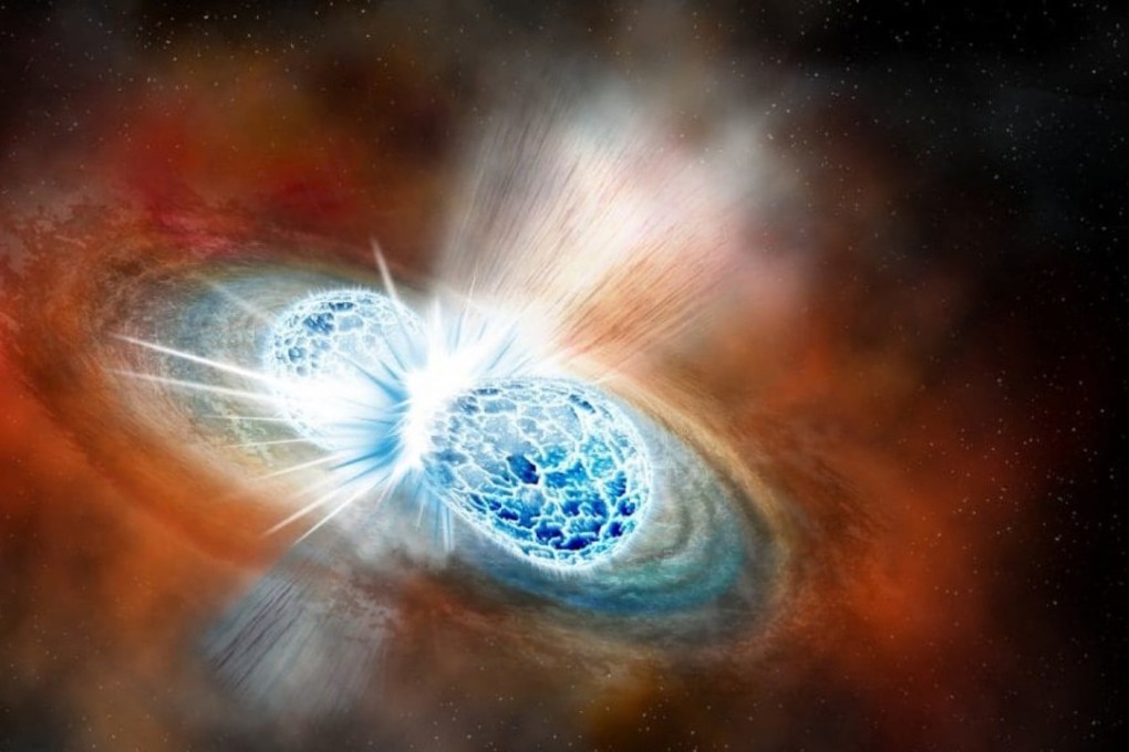An artist's conception of a merger of two neutron stars, 130 million light years from Earth. Light from the ancient event finally reached Earth last month. Graphic: Robin Dienel, Carnegie Institution for Science.
