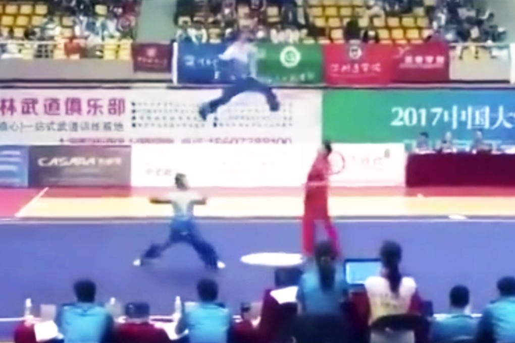 A young martial artist flies through the air before landing a kick on his opponent in the choreographed fight sequence. Photo: Handout