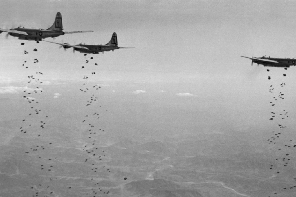 US Air Force planes bomb North Korea in January 1951. Donald Nichols is credited with providing the air force more bombing targets than anyone else during the Korean war. Picture: AP