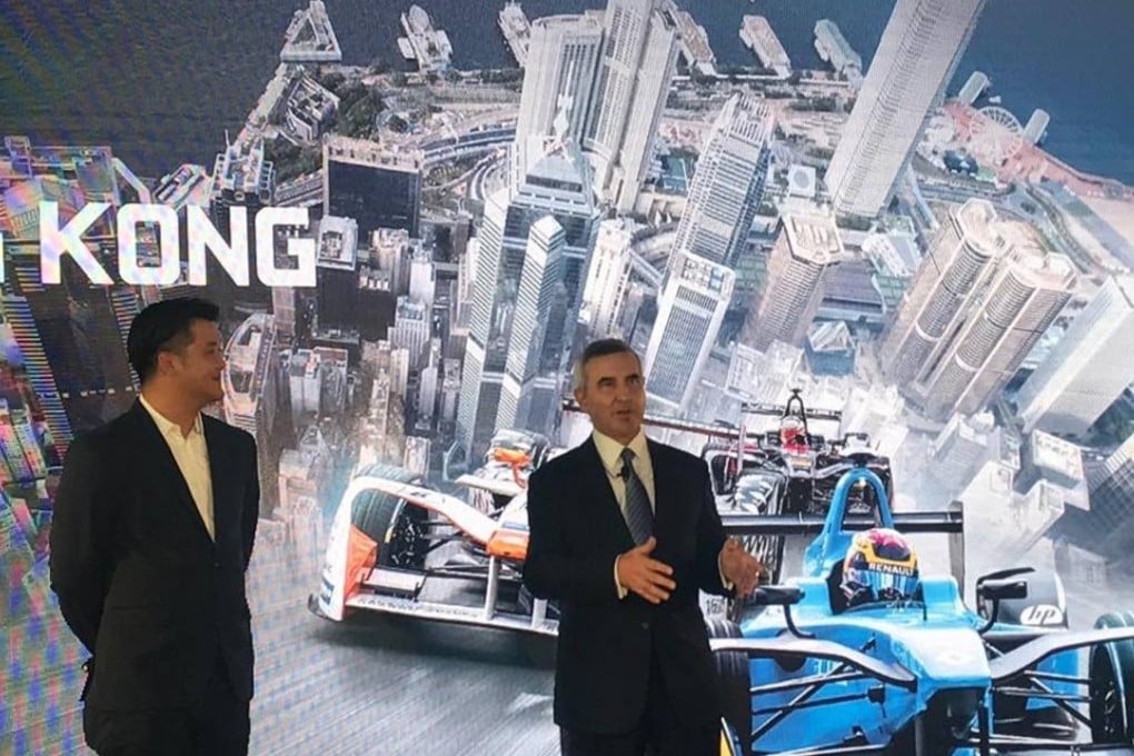 HKT group managing director Alex Arena (right) and Formula Electric Racing (HK) chief executive Alan Fang announce their partnership on Thursday. Photo: Andrew McNicol