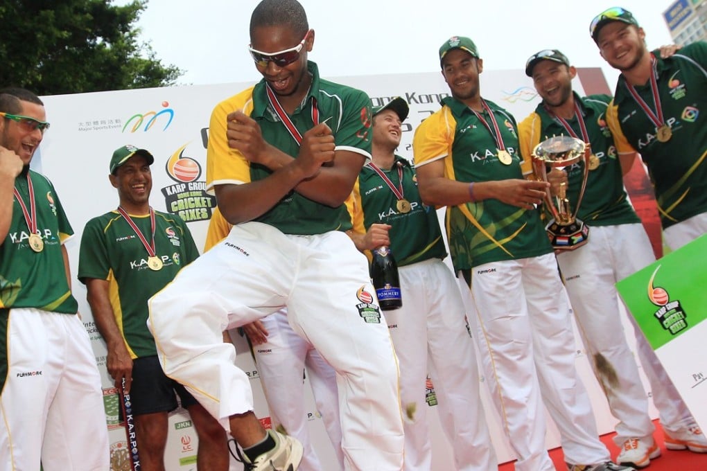 South Africa's Khayelihle Zondo dances after winning the 2012 Hong Kong Sixes. Photo: Jonathan Wong