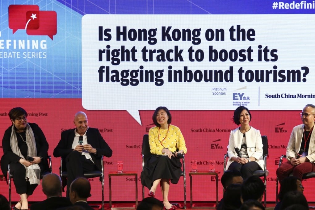The Redefining Hong Kong panel included, from left to right: Tripadvisor’s Sarah Mathews; chairman of Lan Kwai Fong Group Allan Zeman; Post news editor Denise Tsang; managing director of Ngong Ping 360 Dr Stella Kwan; and George Liu from Hong Kong Airlines. Photo: Jonathan Wong