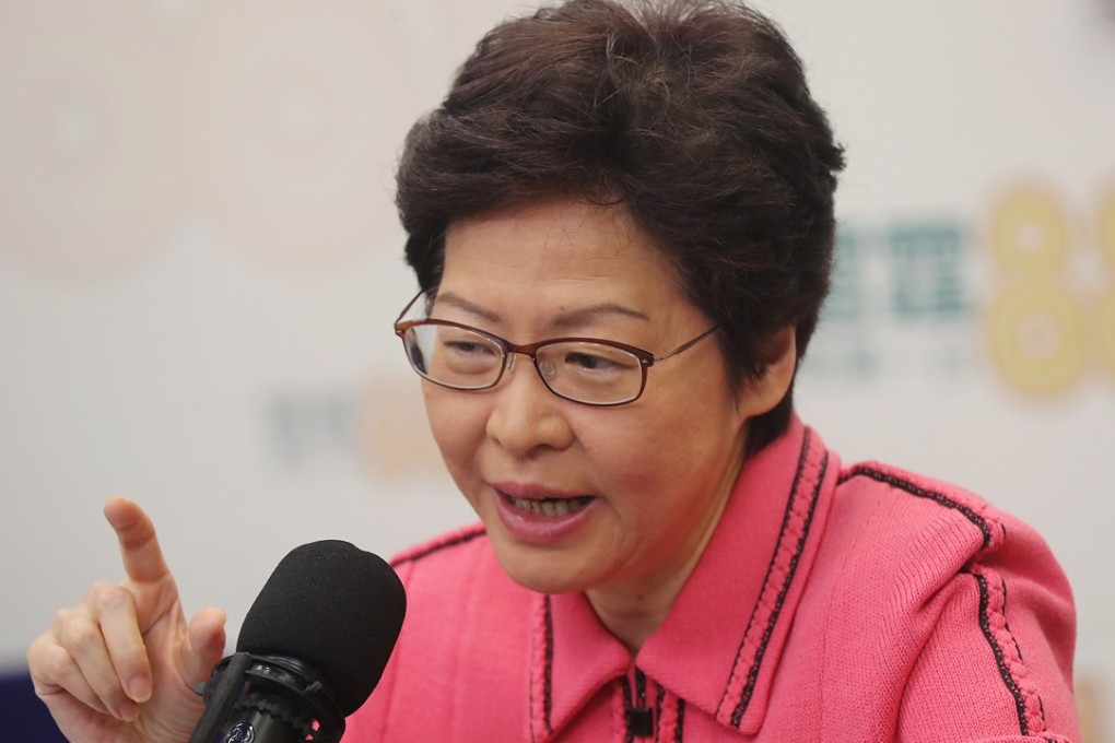 Chief Executive Carrie Lam talks about her policy address during a Commercial Radio interview in Kowloon Tong on October 14. Photo: Edward Wong