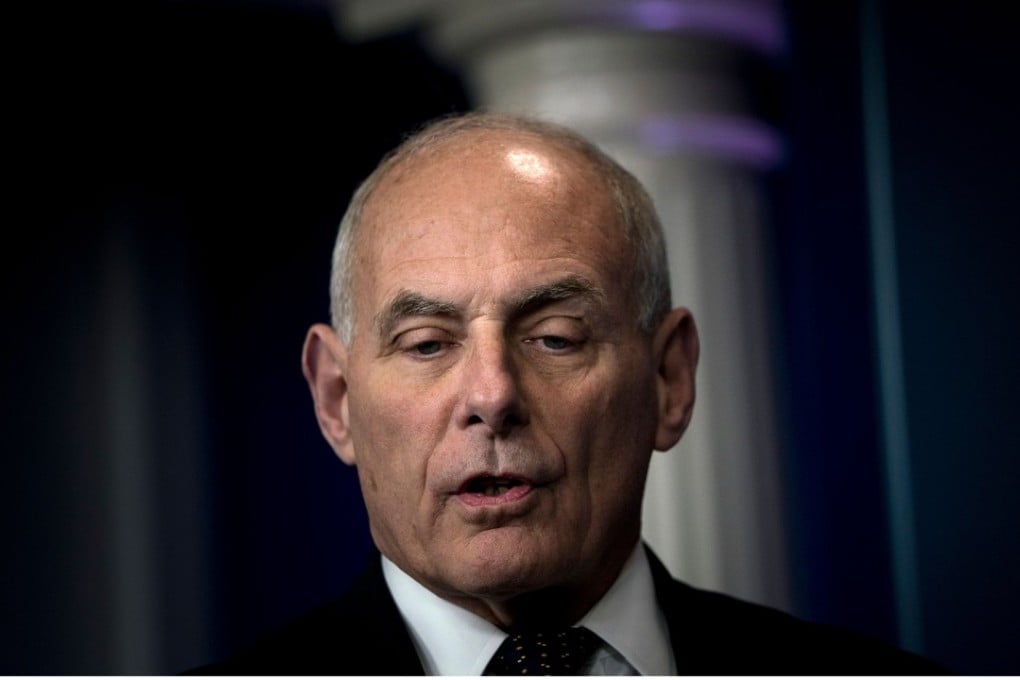 White House Chief of Staff John Kelly arrives to speak about US President Trump's calls to fallen service members’ next of kin during a briefing at the White House on Thursday. Photo: Agence France-Presse