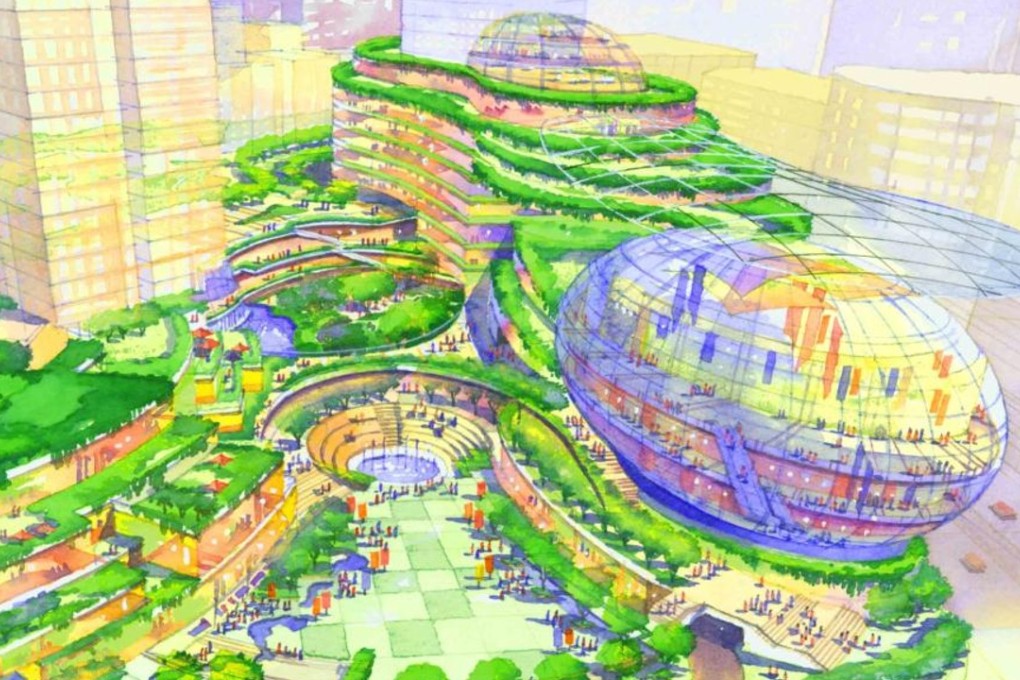 The oval-shaped government and commercial building at the junction of Kwun Tong and Hong Ning roads was expected to become the icon of the redeveloped Kwun Tong. Illustration: Urban Renewal Authority