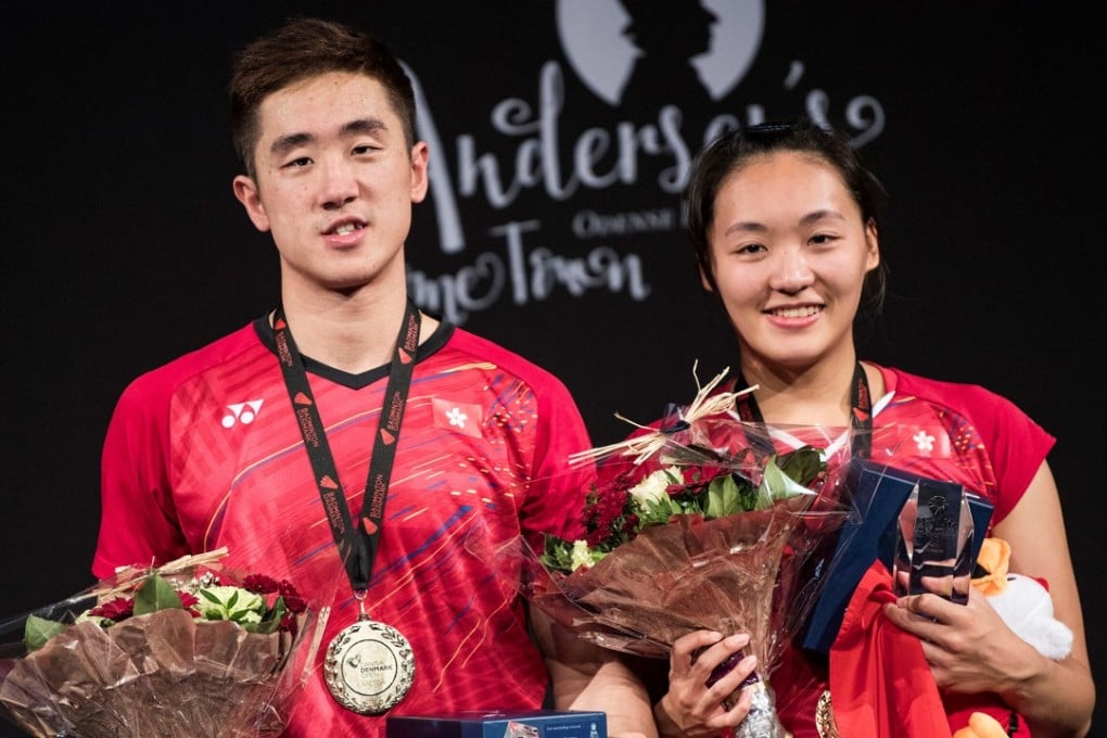 Hong Kong’s Tang Chun-man and Tse Ying-suet celebrate their mixed doubles success at the Denmark Open. Photo: Reuters