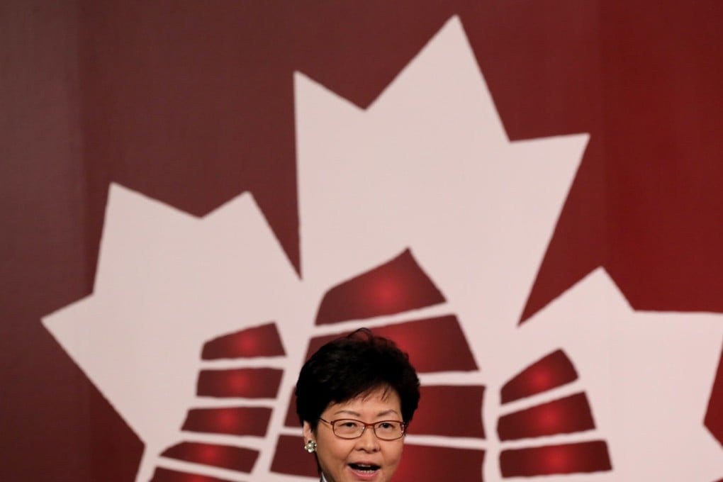 Chief Executive Carrie Lam Cheng Yuet-ngor speaks at the lunch held by the Canadian Chamber of Commerce in Admiralty. Photo: Edward Wong