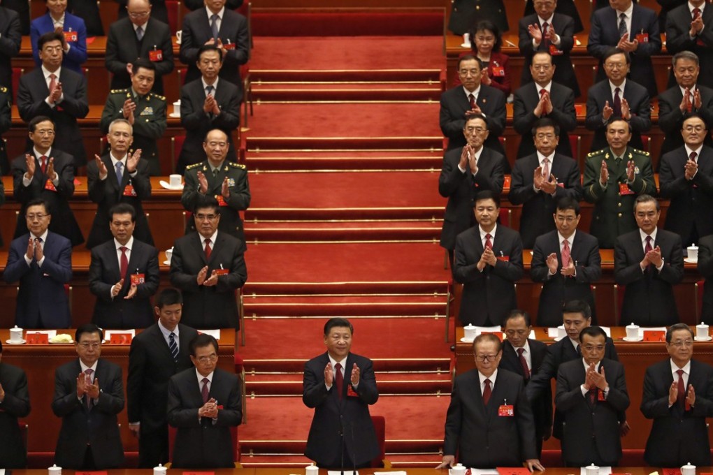 Chinese President Xi Jinping, front row centre, at the closing ceremony for the 19th Party congress at the Great Hall of the People in Beijing on Tuesday. Photo: AP