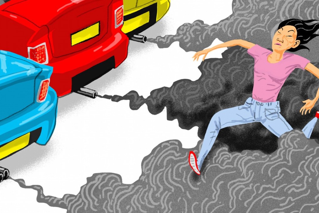 Pedestrians in Hong Kong are often forced to walk on the road. This is not only unsafe but increases proximity to exhaust emissions while contributing to impaired traffic flow, which in turn increases emissions. Illustration: Craig Stephens