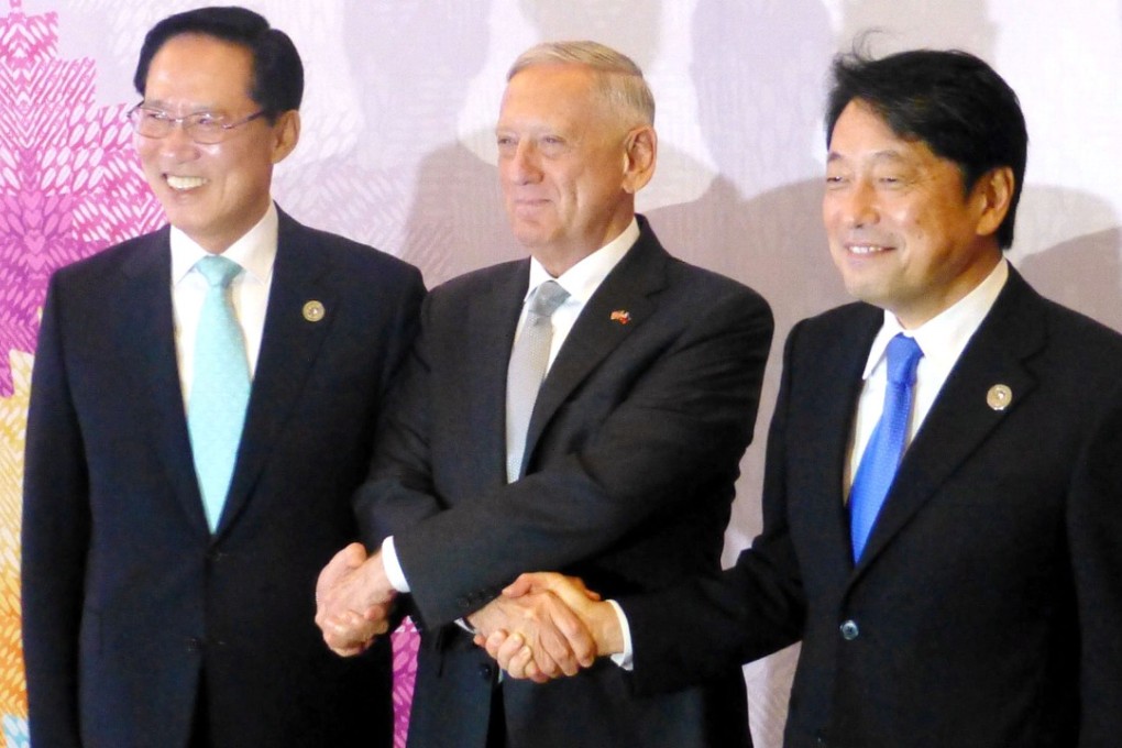US Defence Secretary Jim Mattis (centre) is joined by his South Korean counterpart Song Young Moo (left) and Japanese counterpart Itsunori Onodera amid tensions over North Korea's nuclear and missile programmes. Photo: Kyodo