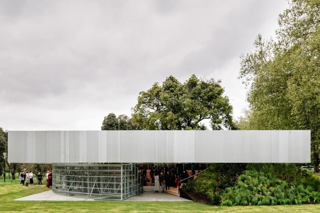 Designed by Rem Koolhaas’ architecture firm OMA, the latest MPavilion is the fourth in a series erected in Melbourne’s Queen Victoria Gardens. Photo: Timothy Burgess