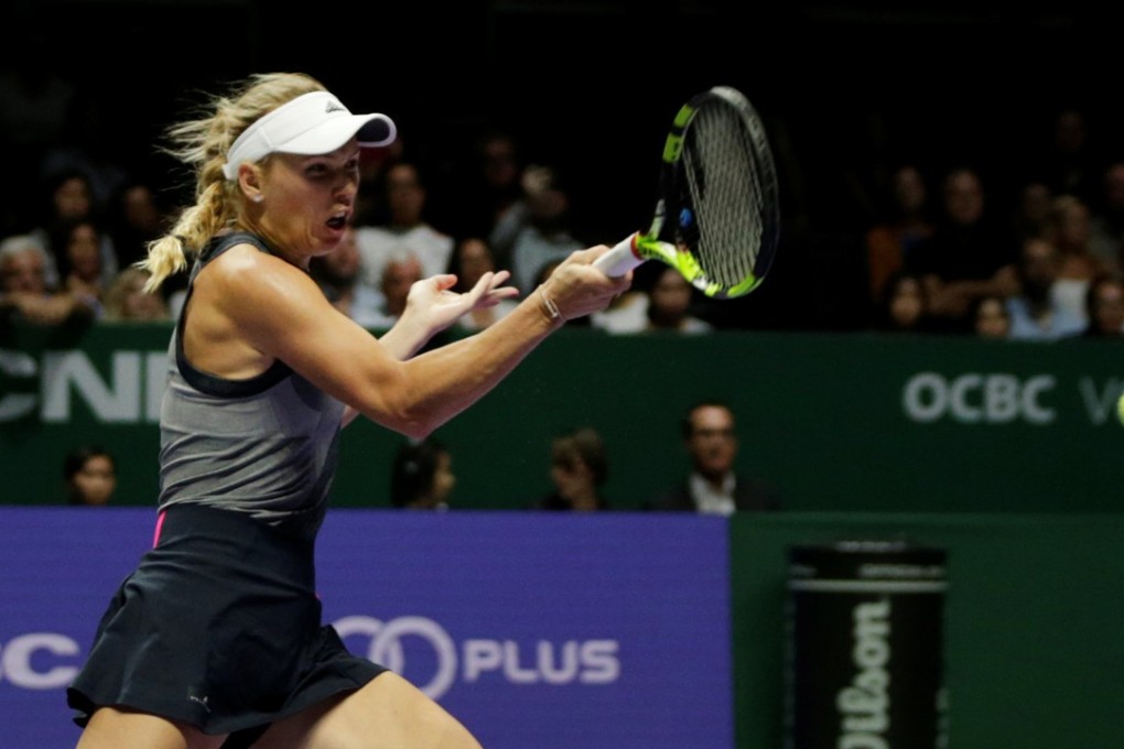 Denmark’s Caroline Wozniacki in action during her group stage win over Romania’s Simona Halep. Photo: Reuters