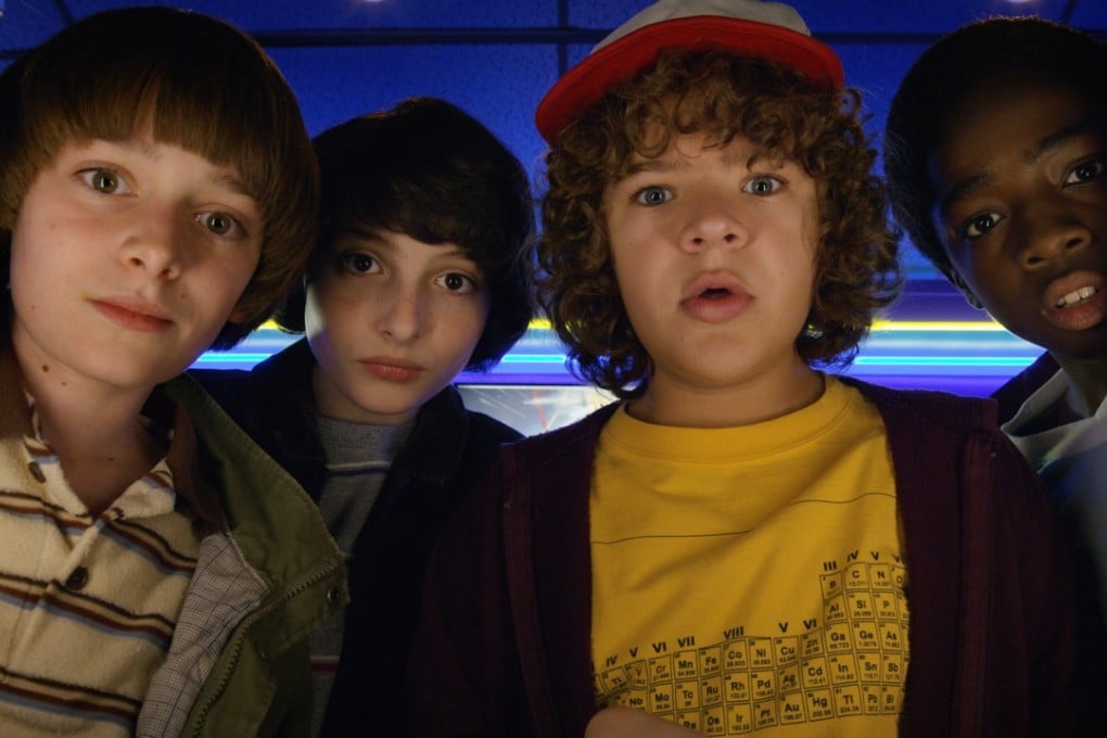 From left: Noah Schnapp, Finn Wolfhard, Gaten Matarazzo and Caleb Mclaughlin in a still from Stranger Things. Photo: Netflix via AP
